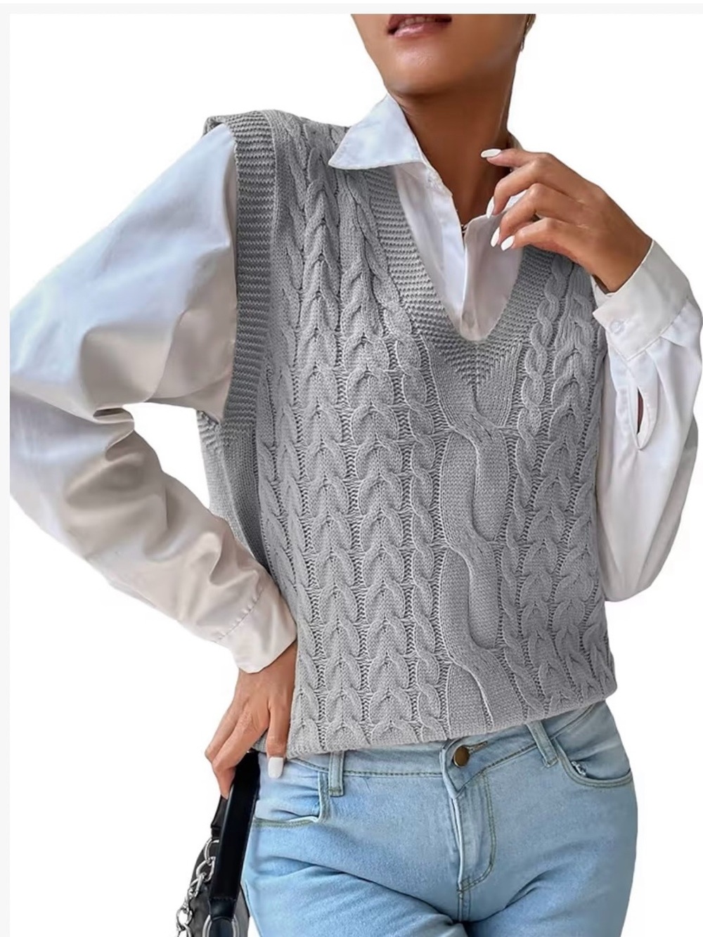 Cable Knit V-Neck Sweater Vest - Gray